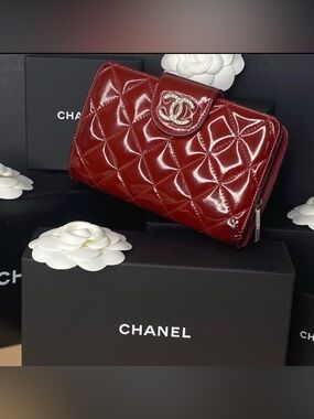 Chanel Authentic Quilted Patent Leather CC Flap Wallet With Box, Receipt & More
